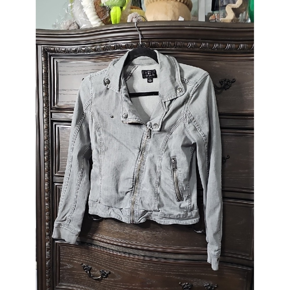 Lucky Brand Gray Denim Moto Jacket Asymmetrical Zip Stretch Biker Coat Womens S